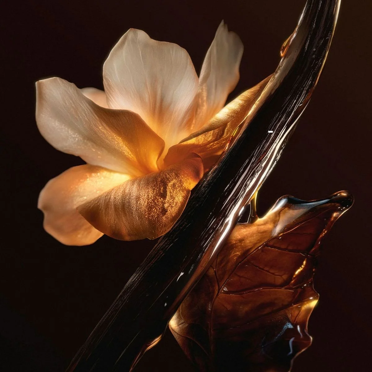 A close-up of a white and peach-colored flower with textured petals, positioned next to a controlled splash of dark amber-colored liquid against a black background.
