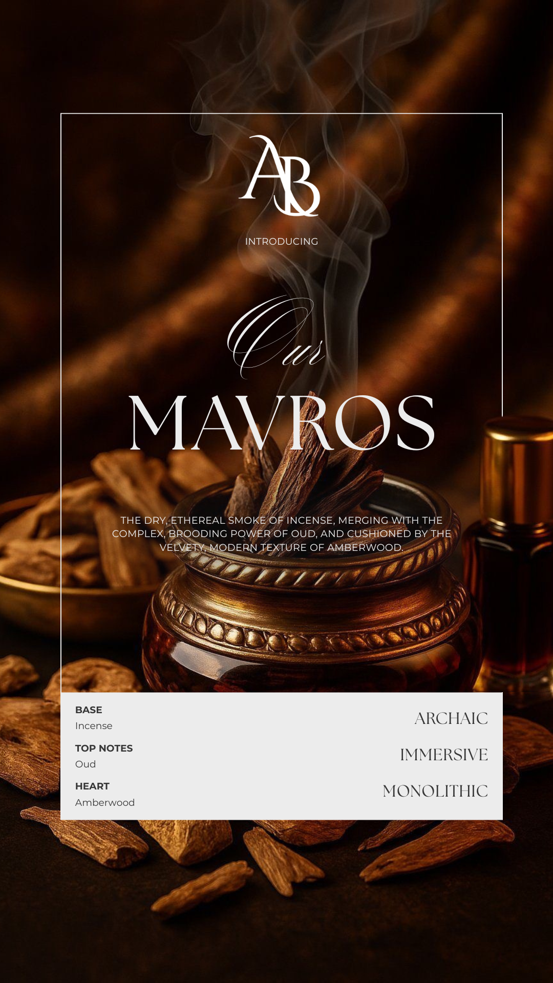 Image of a promotional poster for amberwoods incense, featuring a dark background with wisps of smoke, a small ornate container with incense sticks, and a list describing the incense's qualities, including base, top notes, and heart.