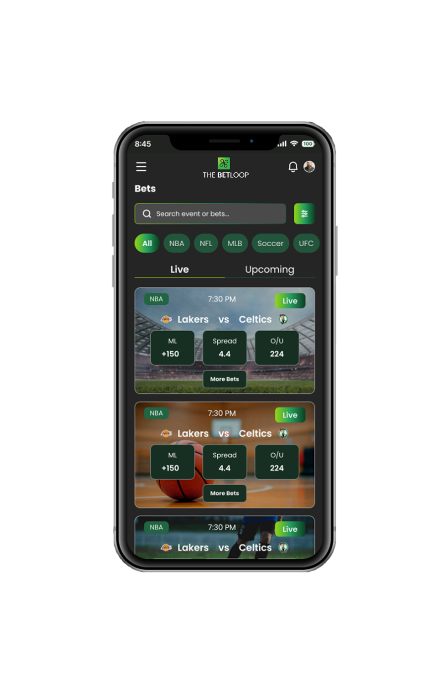 Smartphone displaying a sports betting app with live NBA games, showing betting odds and options for Lakers versus Celtics at 7:30 PM.