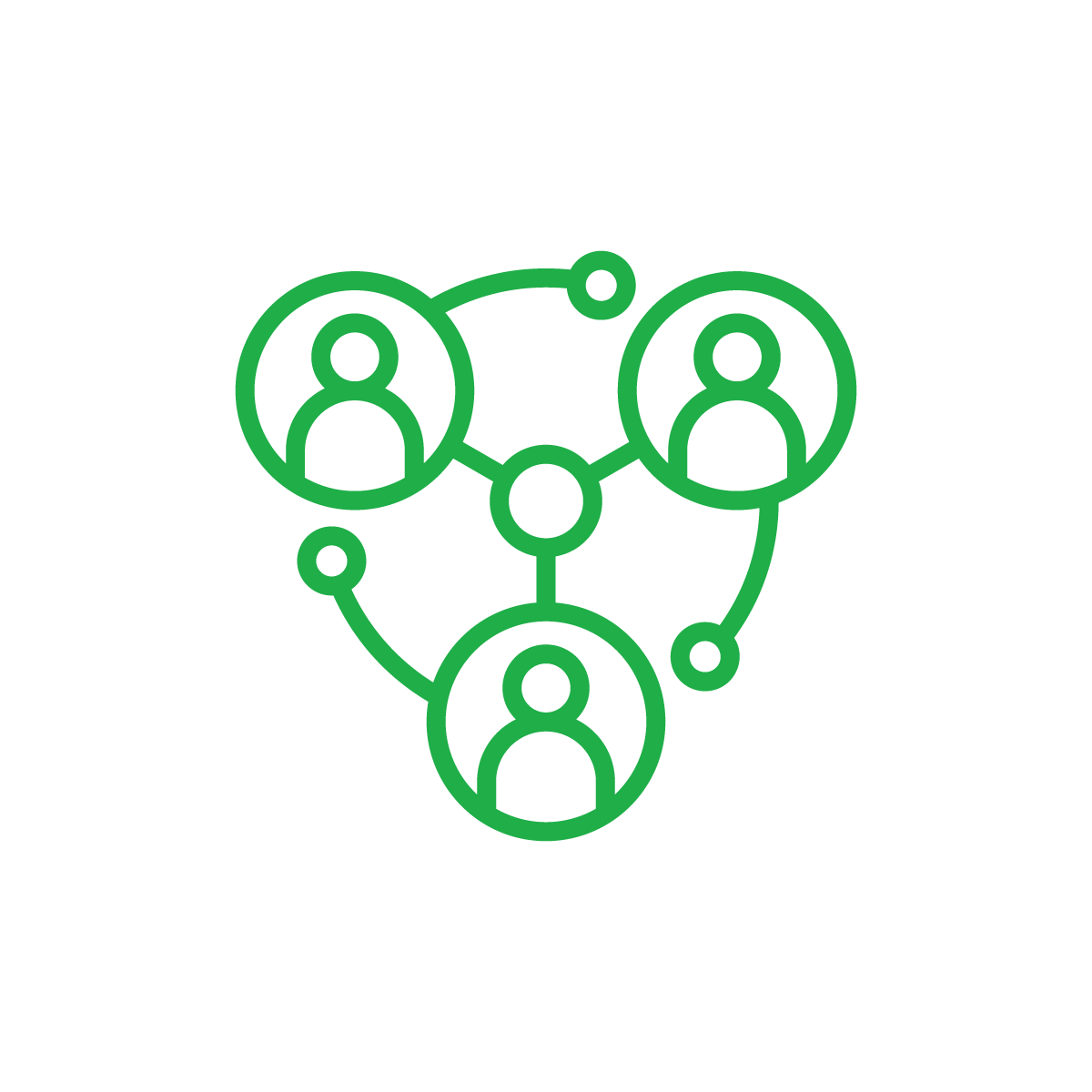 Green illustration of 3 people forming a triangle with arrows connecting them to show engagement