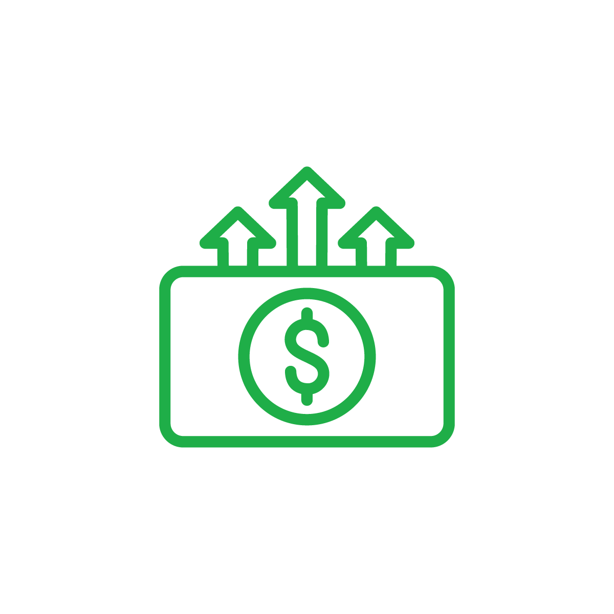 Green illustration of money with 3 arrows pointing upward