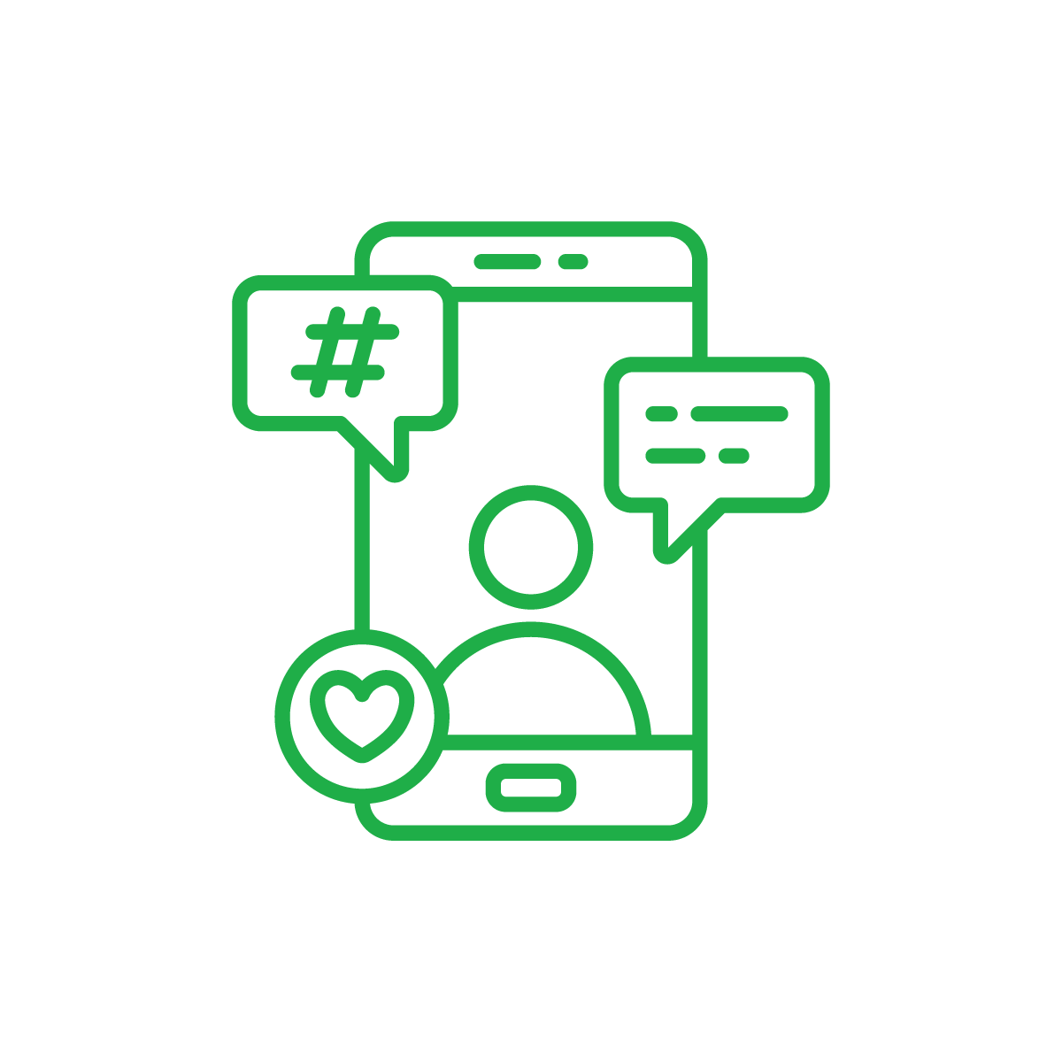 Green Illustration of a phone featuring a person with chat bubbles all around.
