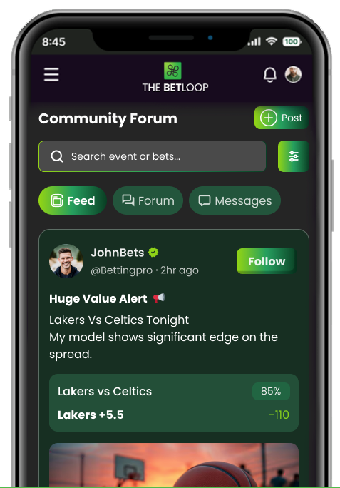 The BetLoop App on a phone featuring their community forum. A capper is showing what to bet on an NBA game