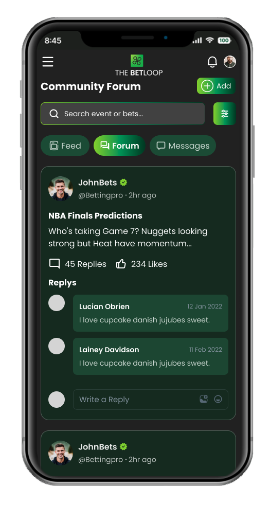 The BetLoop app on a phone featuring their community forum. It's talking about NBA Finals Predictions