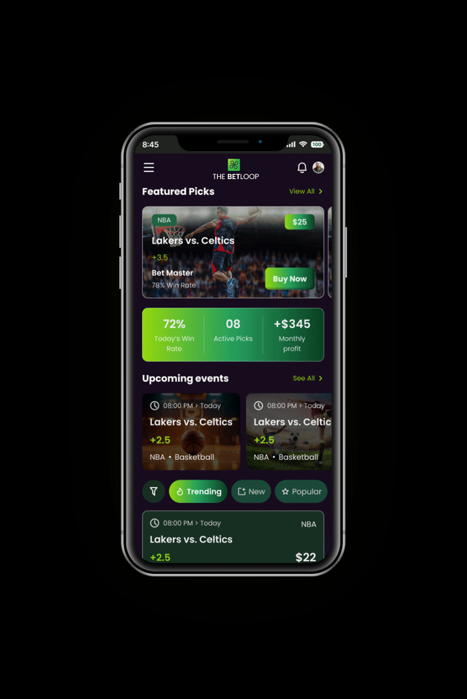 The BetLoop app displayed on a phone featuring bettor picks and upcoming events. Phone has a green pulsing glow.