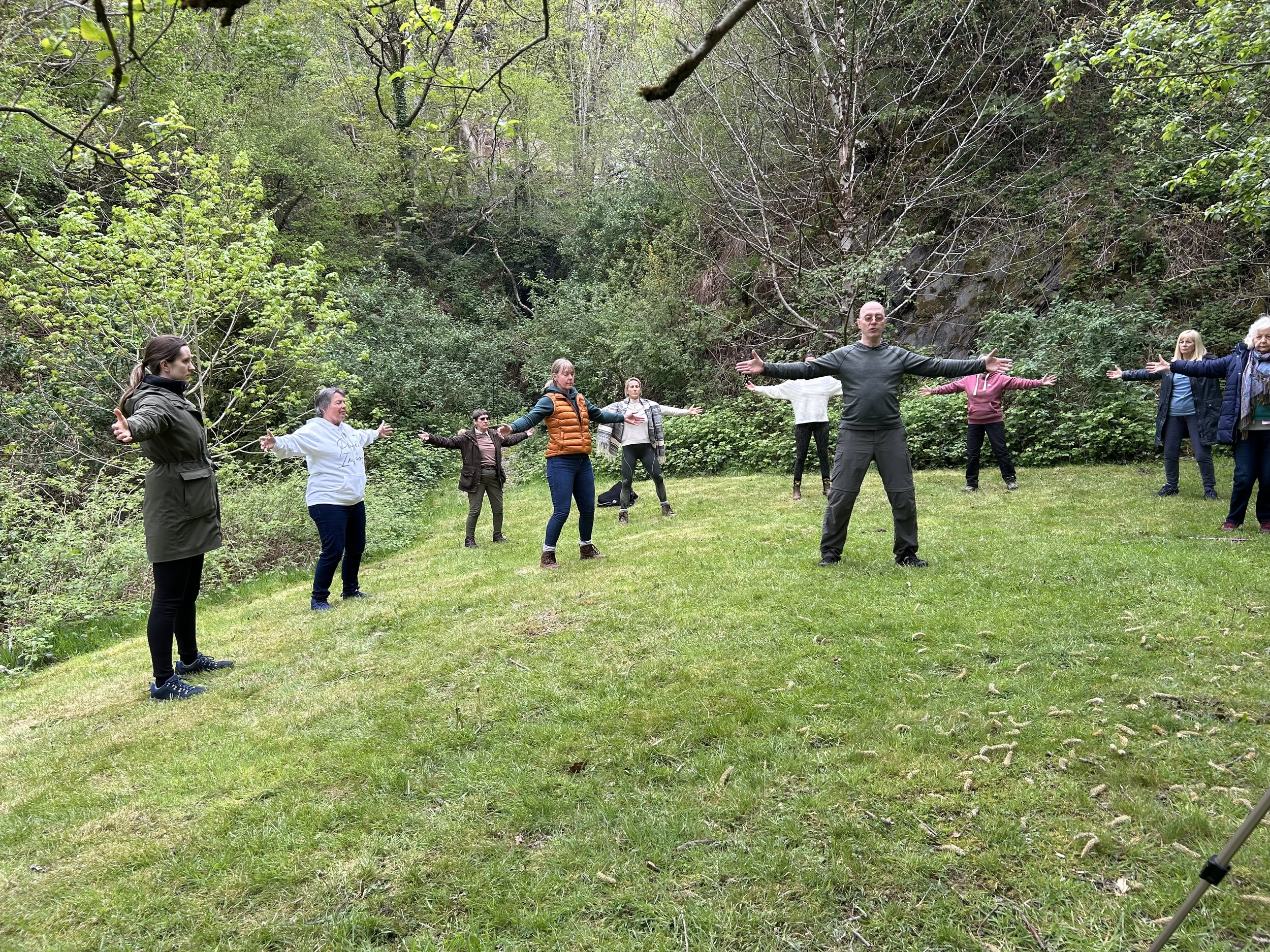 A group of people practicing outdoor yoga or stretching on a grassy area surrounded by trees and rocks.