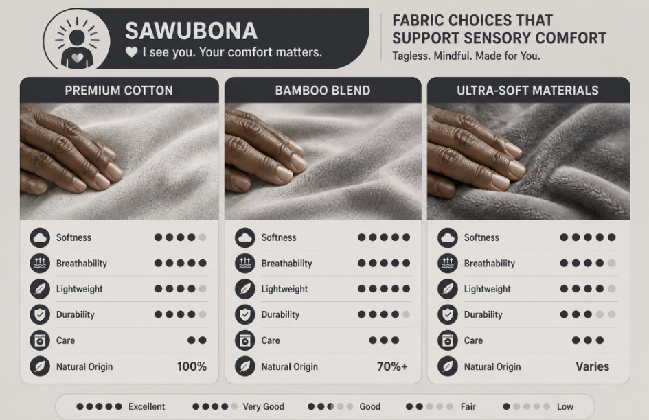 Infographic Comparing Soft Fabric Textures for Tagless Clothing Sensory Processing Comfort