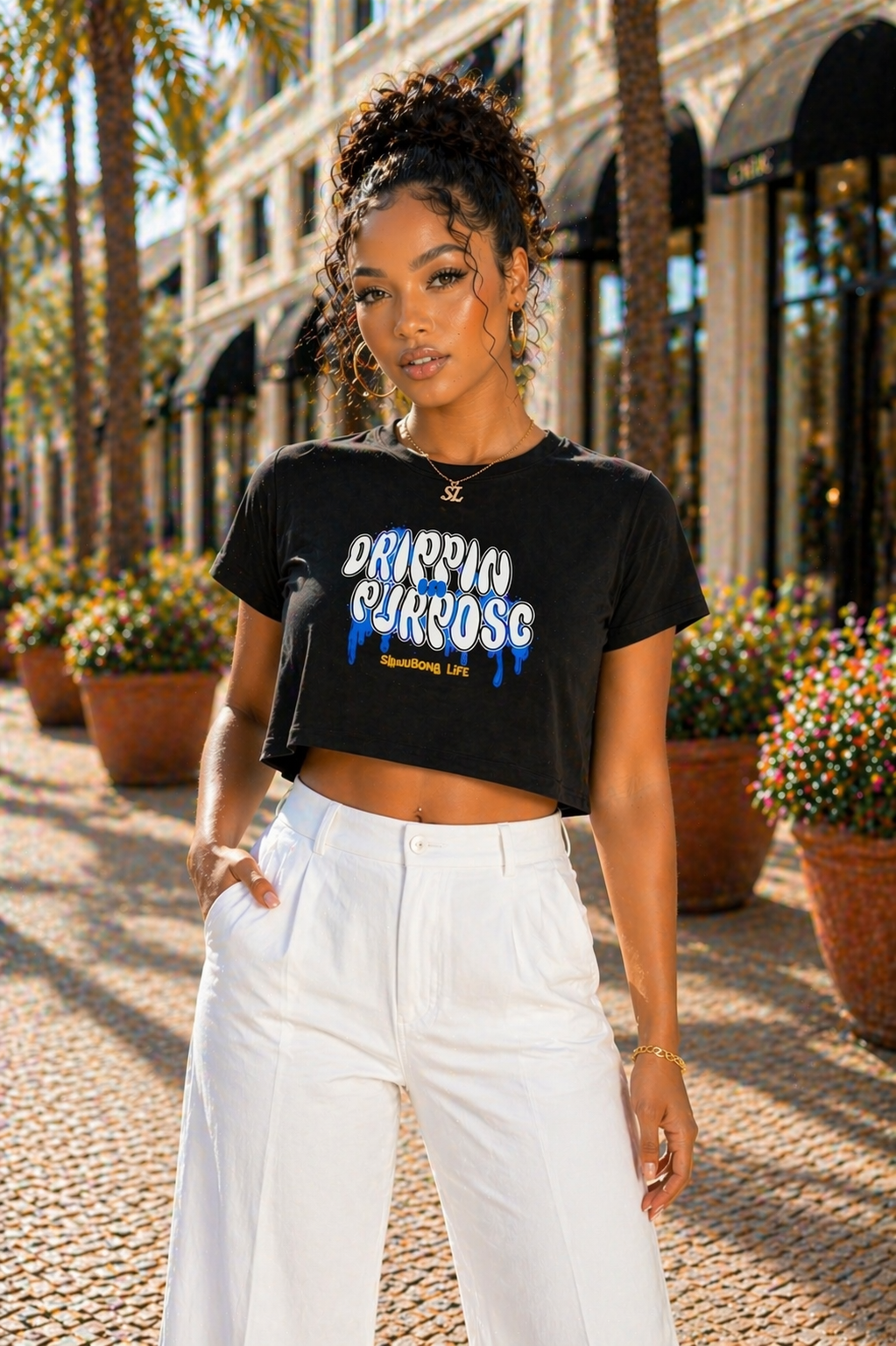 Drippin in Purpose Black Ladies Tee with Blue Graphic  - Affirmation apparel by Sawubona Life