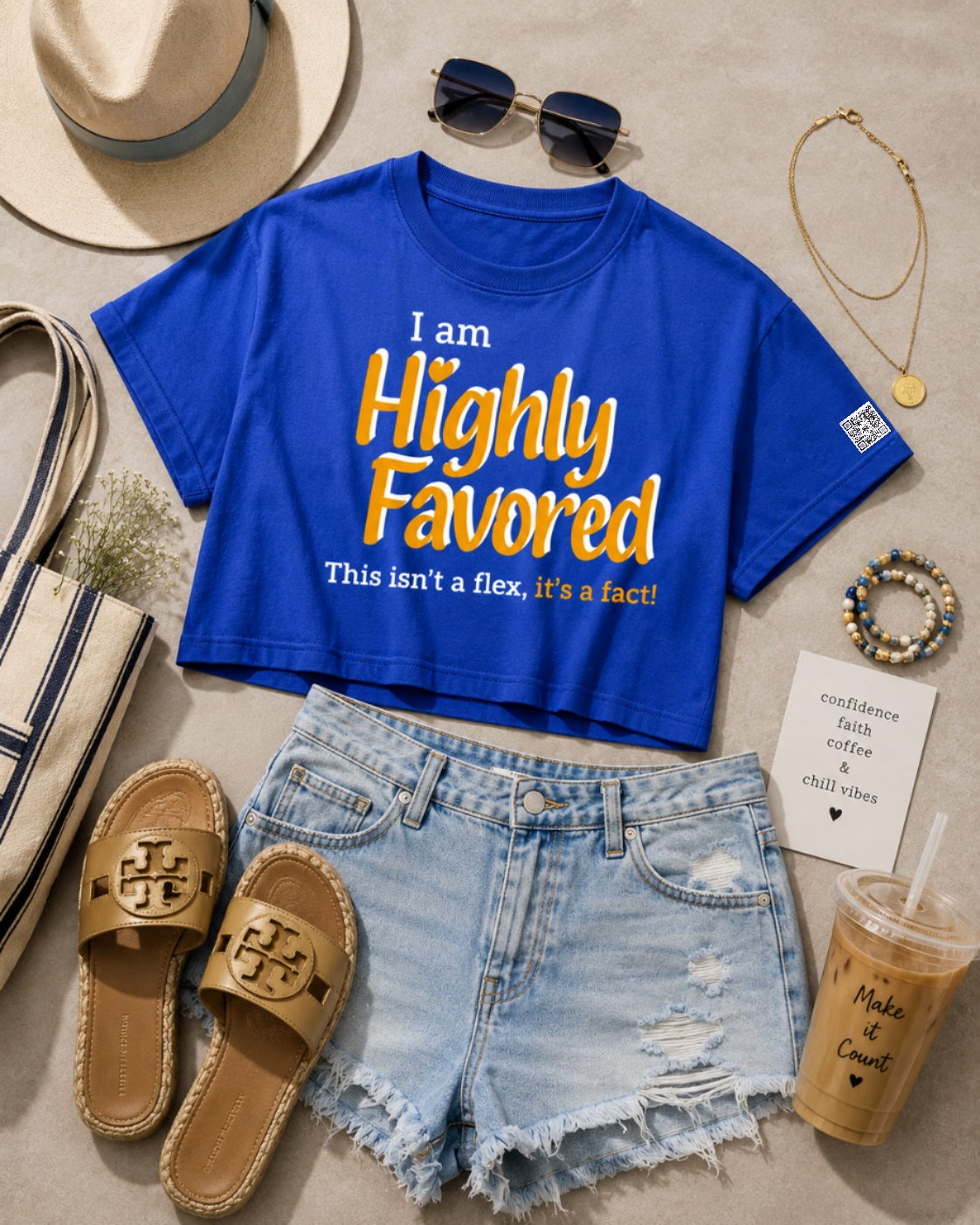 Highly Favored G+W Blue Cropped Loose Graphic Tee - Affirmation Apparel by Sawubona Life