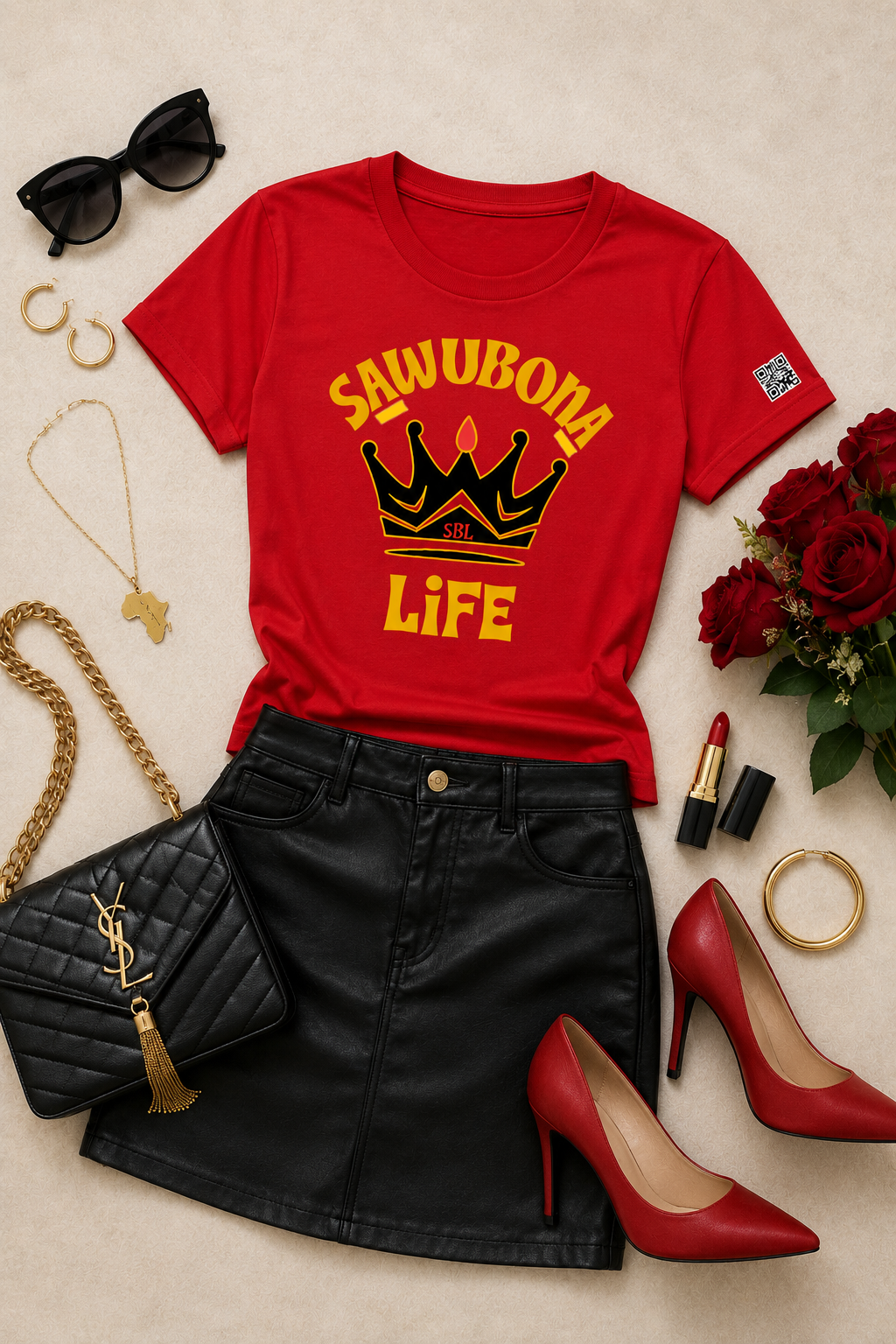 Sawubona Life Crown Red Ladies Graphic Tee - Affirmation apparel by Sawubona Life