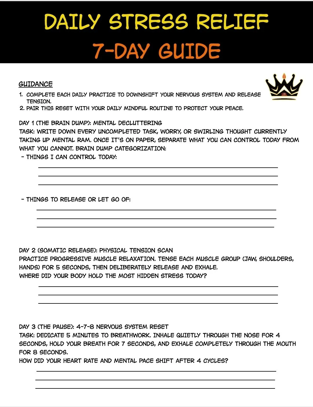 Daily Stress Relief: 7-Day Guide Page 1 - Digital Products by Sawubona Life