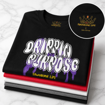 Drippin in Purpose Black Unisex Tee with Purple Graphic  - Affirmation Apparel by Sawubona Life