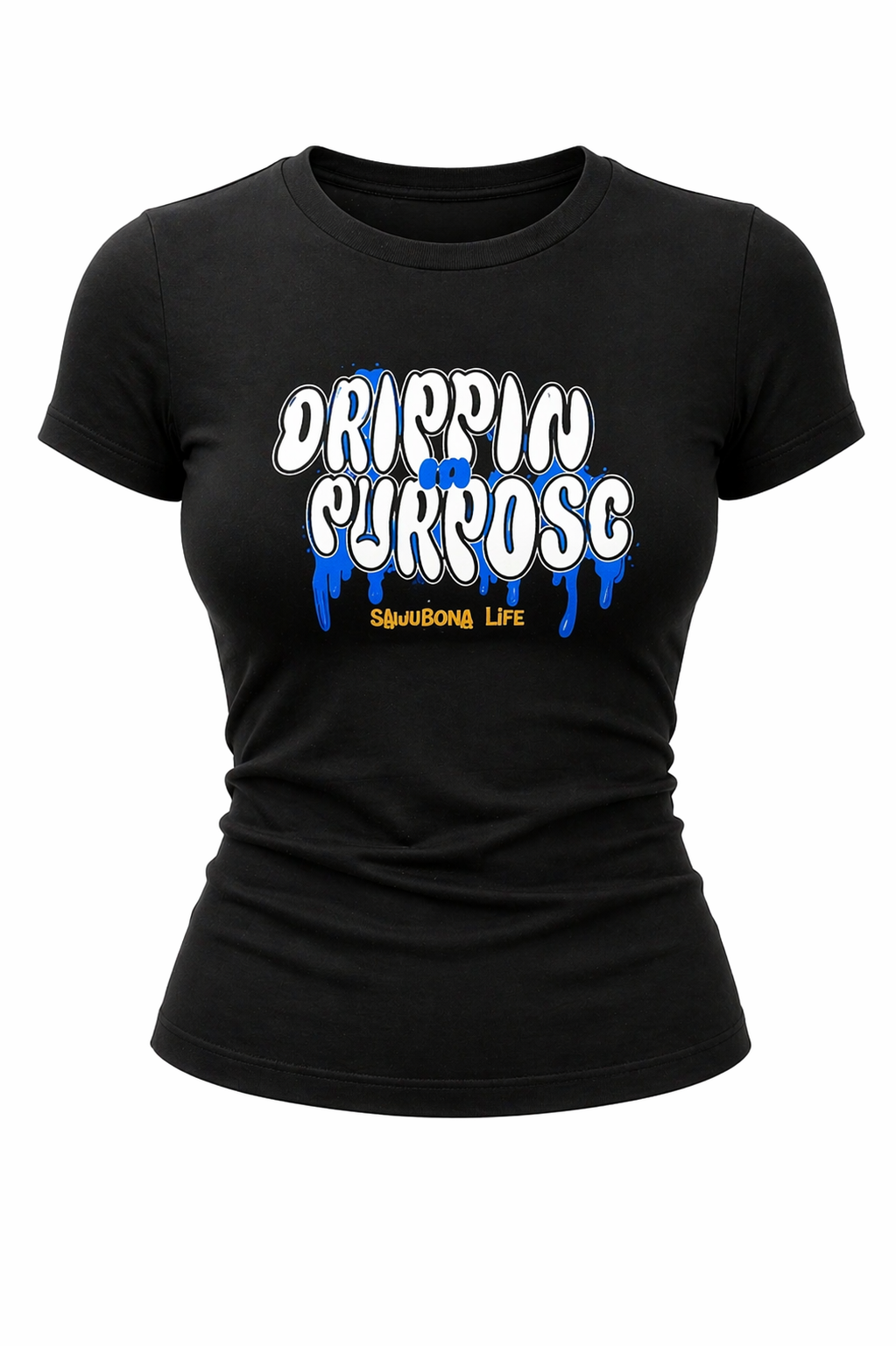 Drippin in Purpose Black Ladies Tee with Blue Graphic  - Affirmation apparel by Sawubona Life