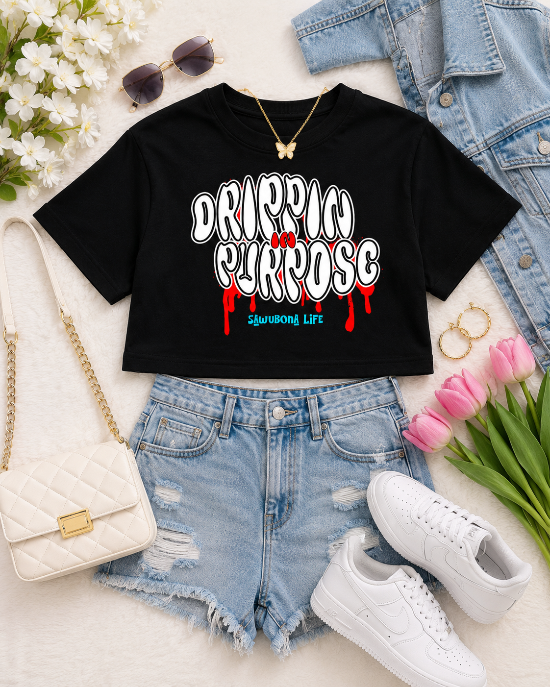 Drippin in Purpose Black Ladies Tee with Red Graphic  - Affirmation apparel by Sawubona Life