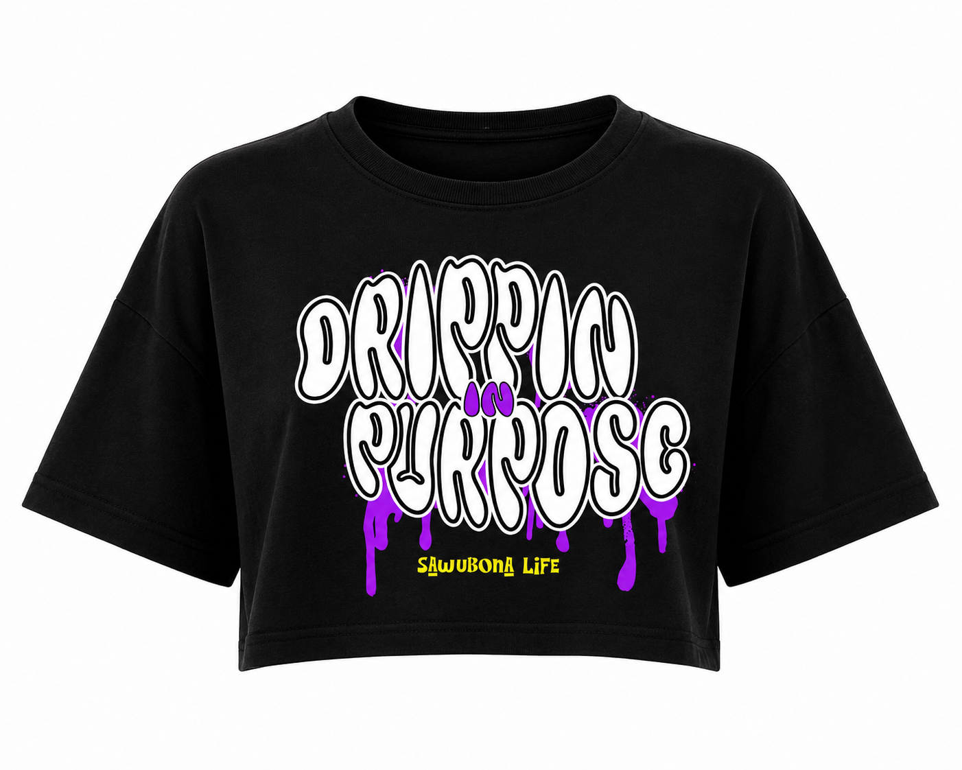 Drippin in Purpose Black Ladies Tee with Purple Graphic  - Affirmation apparel by Sawubona Life