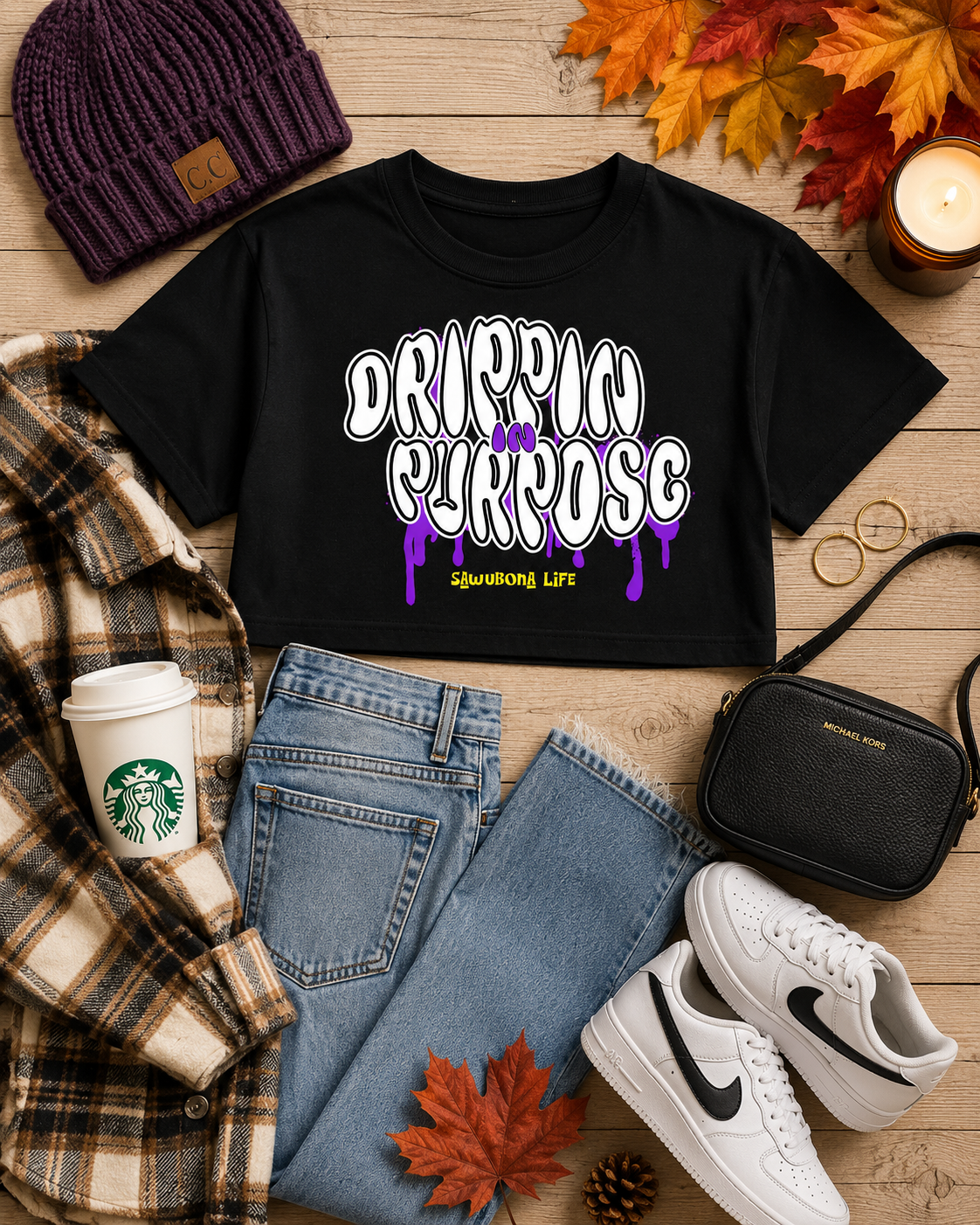 Drippin in Purpose Black Ladies Tee with Purple Graphic  - Affirmation apparel by Sawubona Life