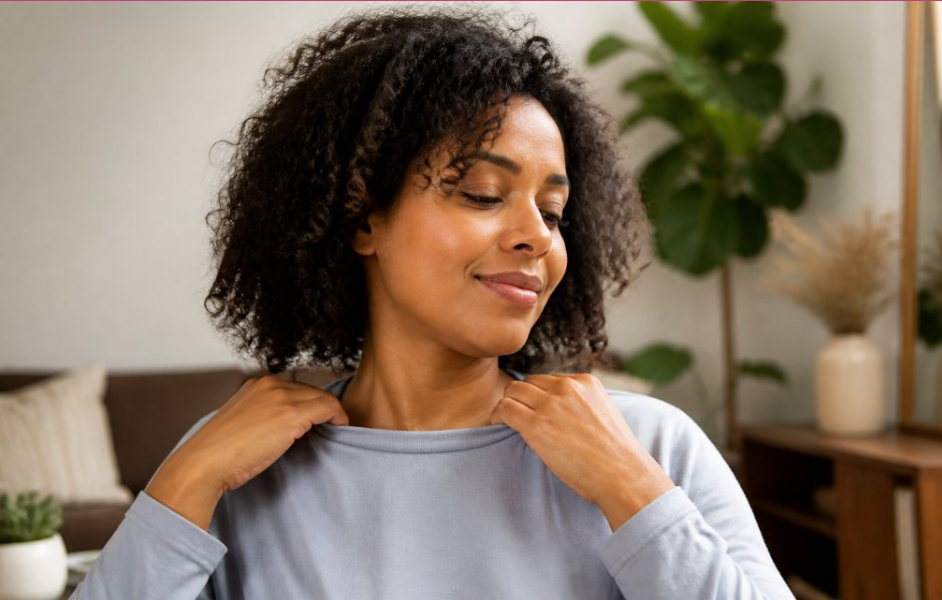 A woman's hands gently touching the soft, tagless neckline of an organic cotton lounge top in a sunlit room