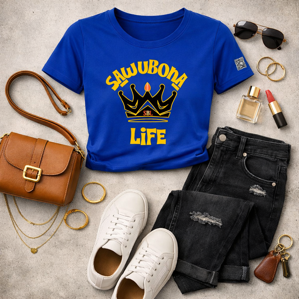 Sawubona Life Crown Blue Ladies Graphic Tee - Affirmation apparel by Sawubona Life