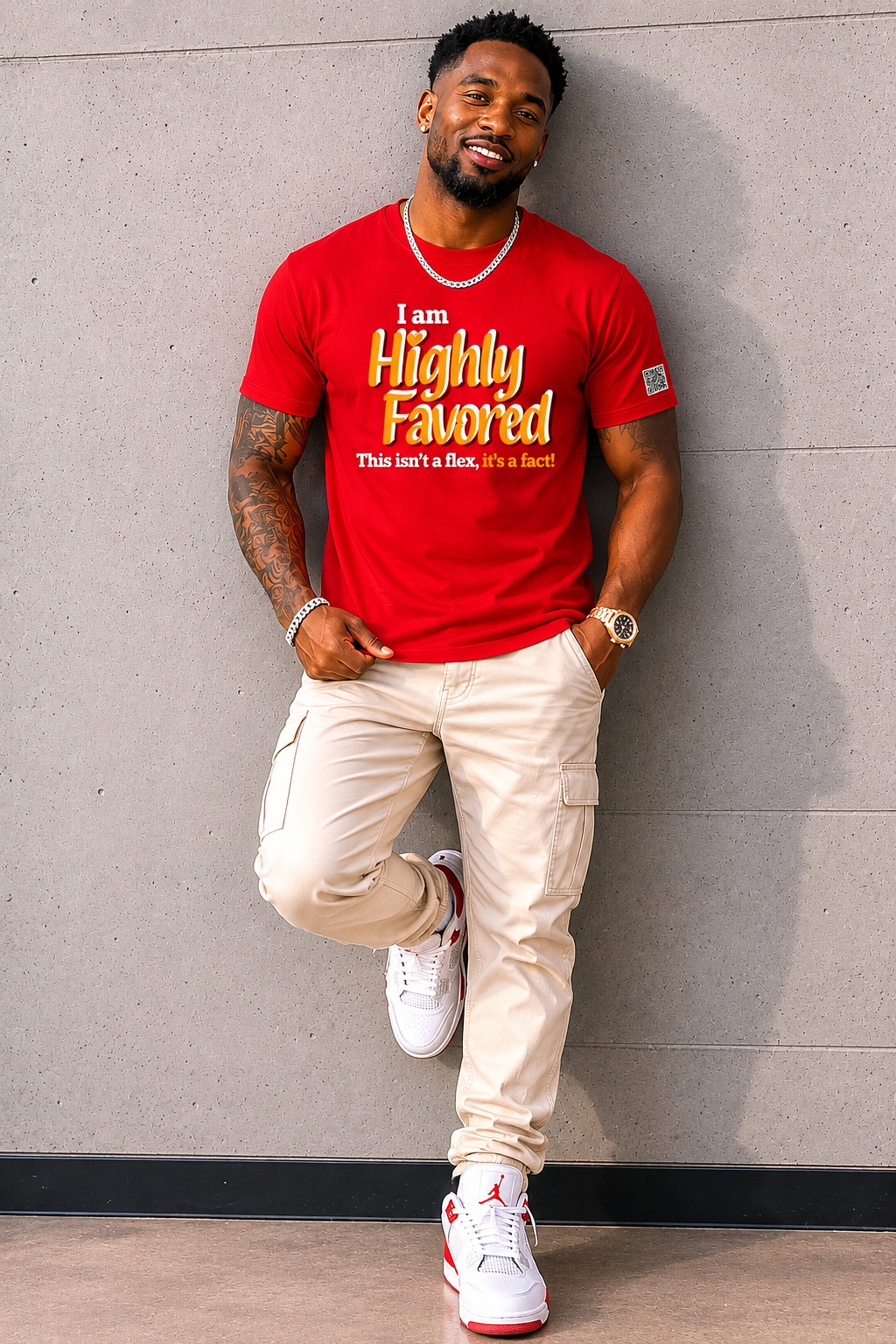 Highly Favored Gold/White + Red Unisex Graphic Tee - Affirmation Apparel by Sawubona Life