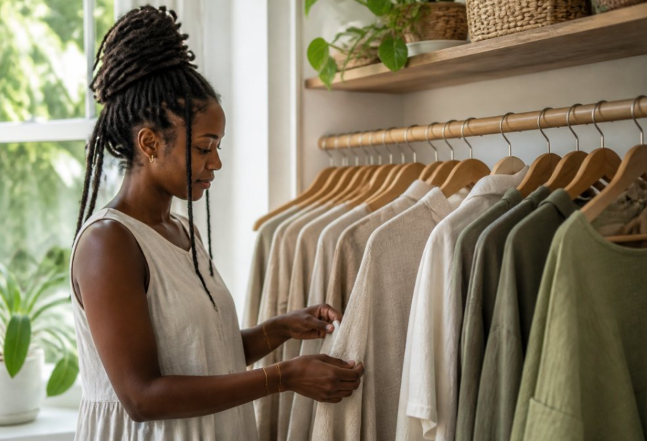 A Woman Standing in Soft Natural Light Organizing a Curated Closet of Neutral Sustainable Apparel on Wooden Hangers