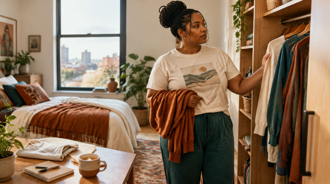 A Woman Choosing Mindful Apparel from Her Closet