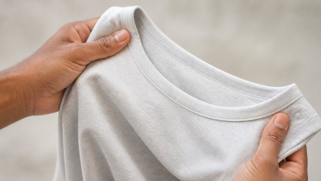 Close-up of Hands Holding a Soft, Tagless Cotton T-shirt Showing Fabric Texture and a Smooth Collar with No Label