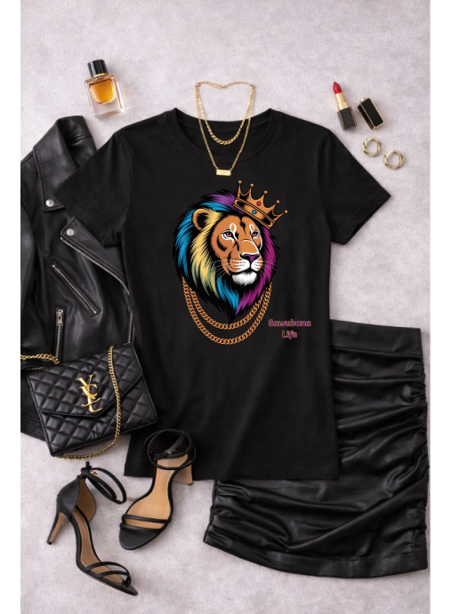Majestic Lion Black Ladies' Graphic Tee - Affirmation Apparel by Sawubona Life
