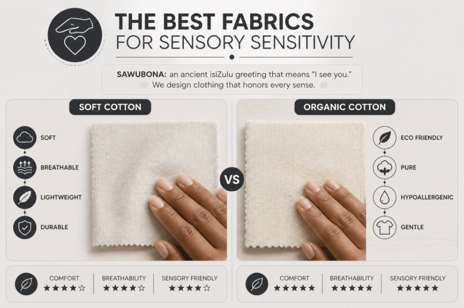 Close-up of Hands Touching Soft Cotton and Organic Cotton Fabric Swatches Laid Out on a Light Wooden Table, Showing Different Textures Side by Side
