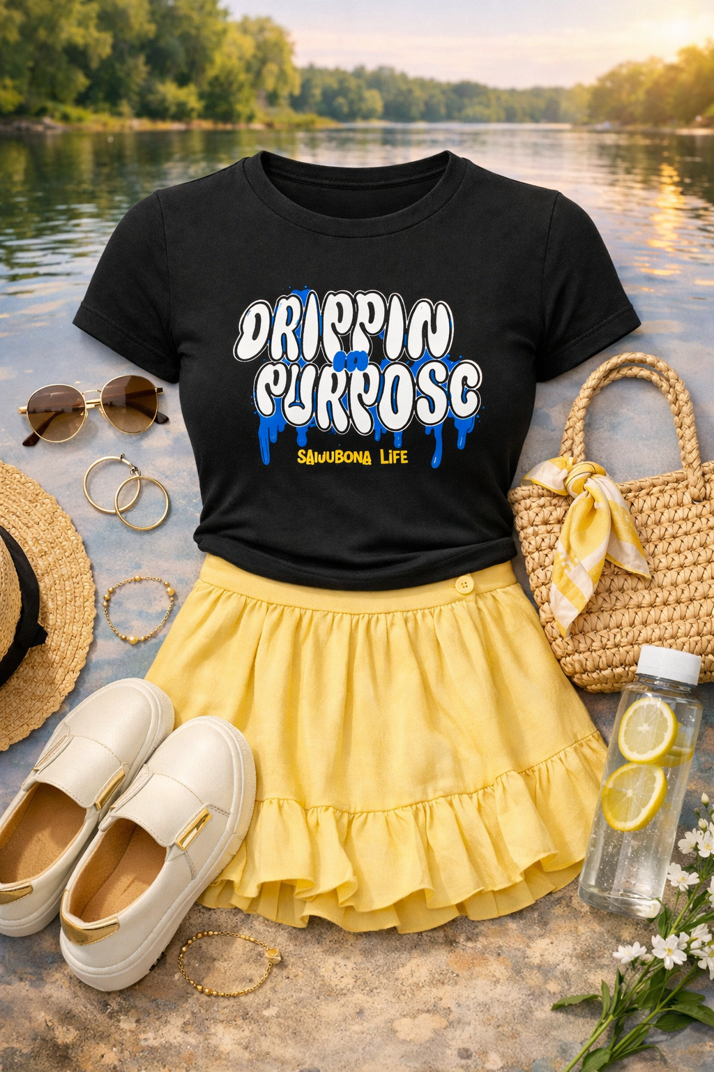 Drippin in Purpose Black Ladies Tee with Blue Graphic  - Affirmation apparel by Sawubona Life