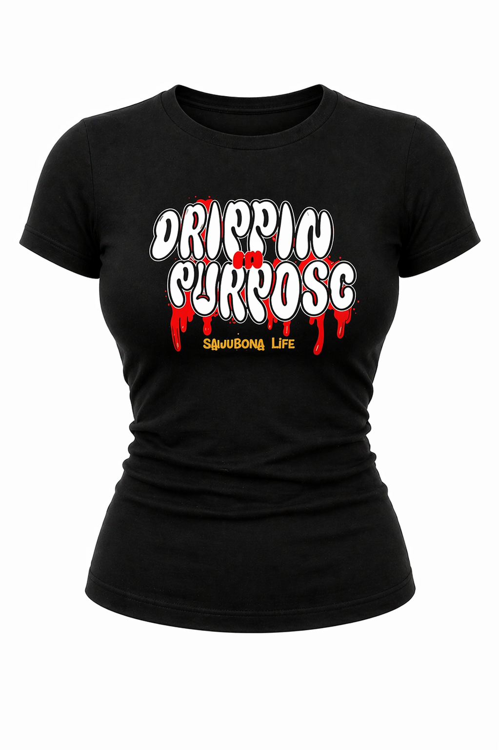 Drippin in Purpose Black Ladies Tee with Red Graphic  - Affirmation apparel by Sawubona Life