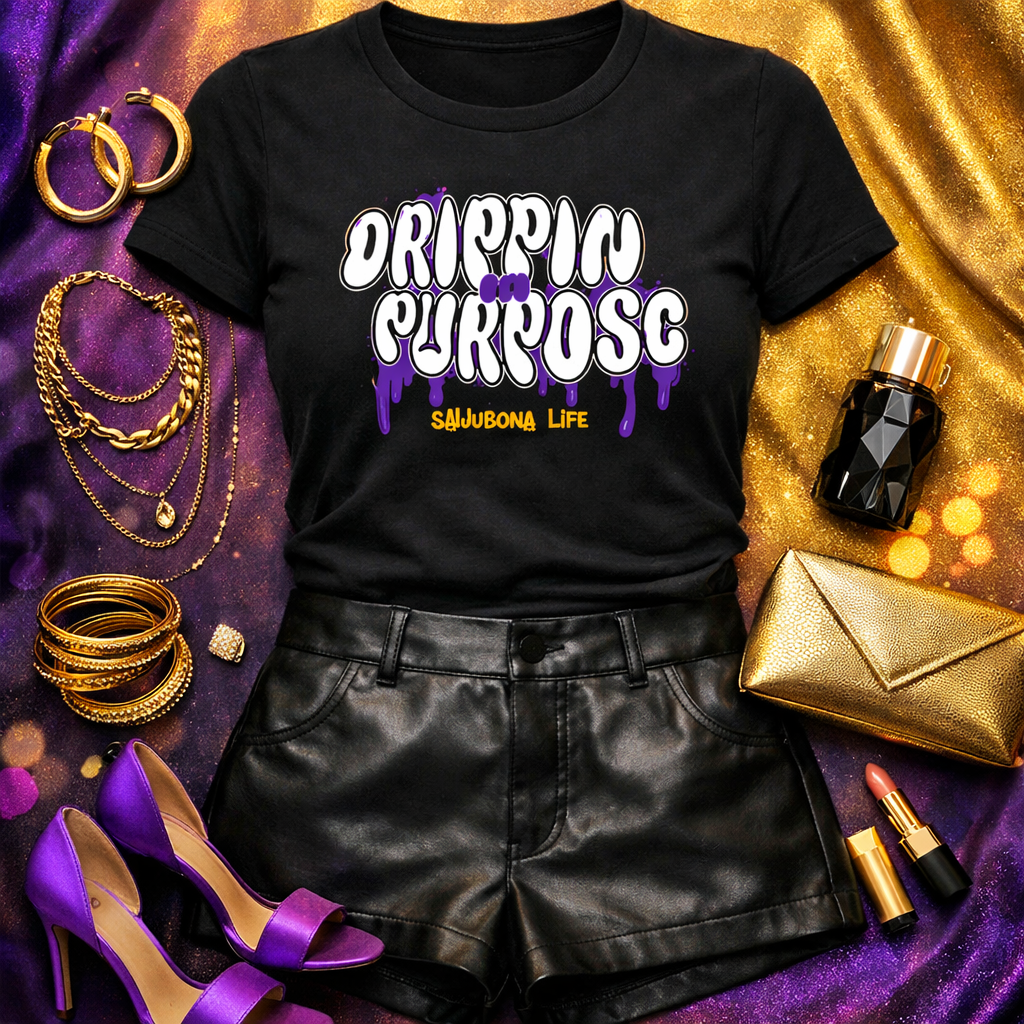 Drippin in Purpose Black Ladies Tee with Purple Graphic  - Affirmation apparel by Sawubona Life