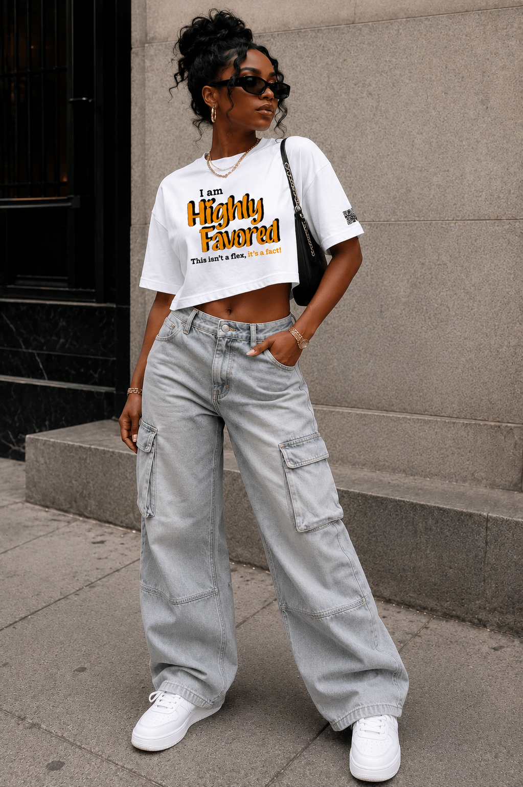 Highly Favored Gold/Black + White Cropped Loose Graphic Tee - Affirmation Apparel by Sawubona Life