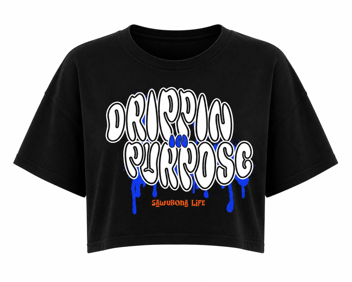 Drippin in Purpose Black Ladies Tee with Blue Graphic  - Affirmation apparel by Sawubona Life