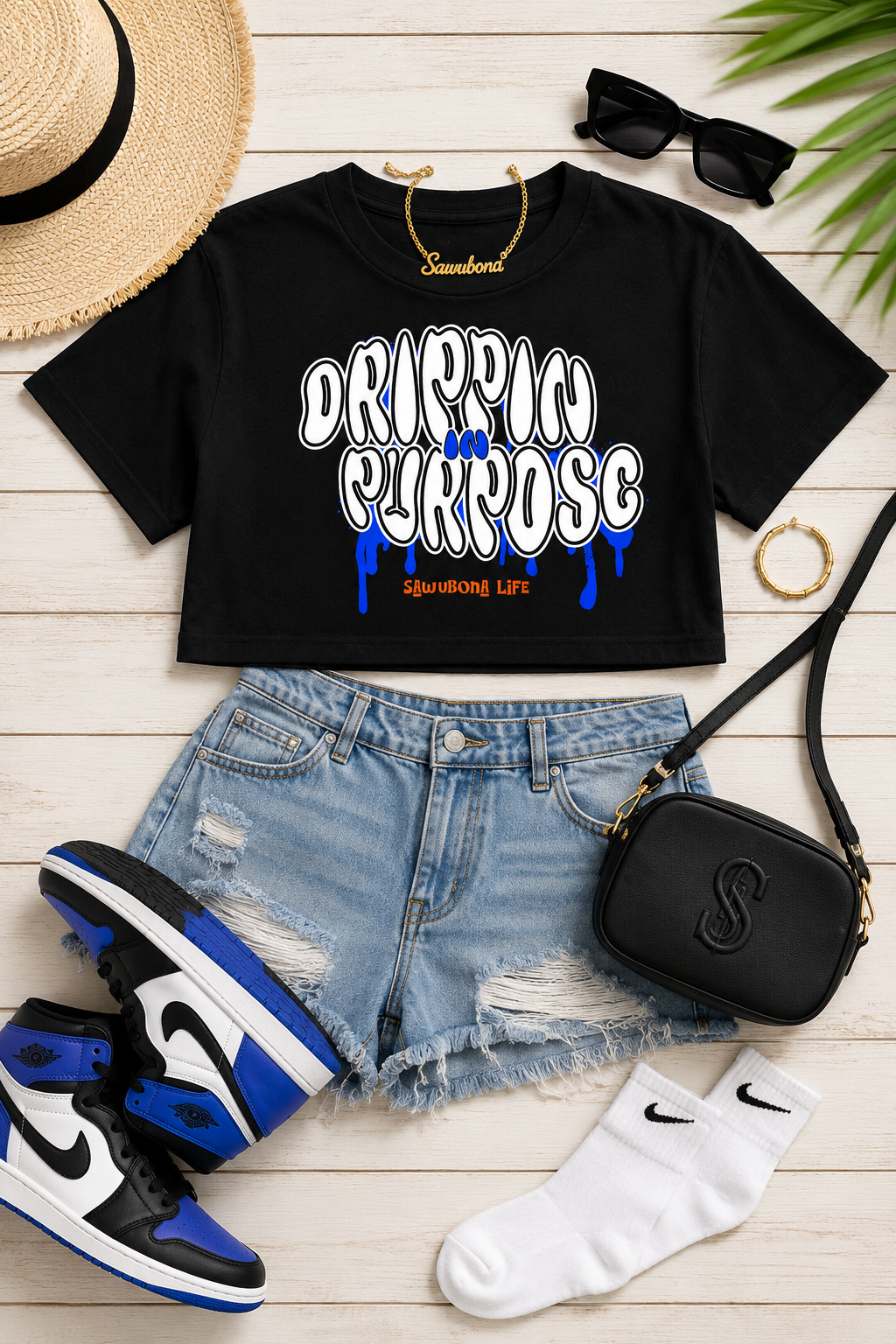 Drippin in Purpose Black Ladies Tee with Blue Graphic  - Affirmation apparel by Sawubona Life