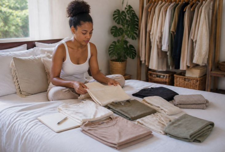 A woman organizing neutral sustainable clothing on a bed with a notebook in a bright, sunlit bedroom.