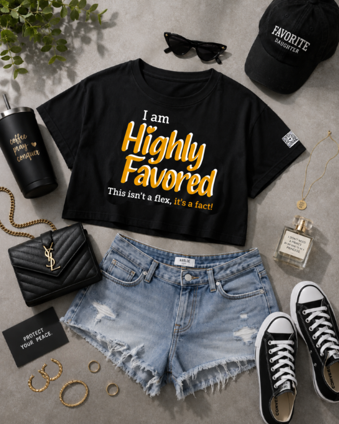 Highly Favored G+W Black Cropped Loose Graphic Tee - Affirmation Apparel by Sawubona Life