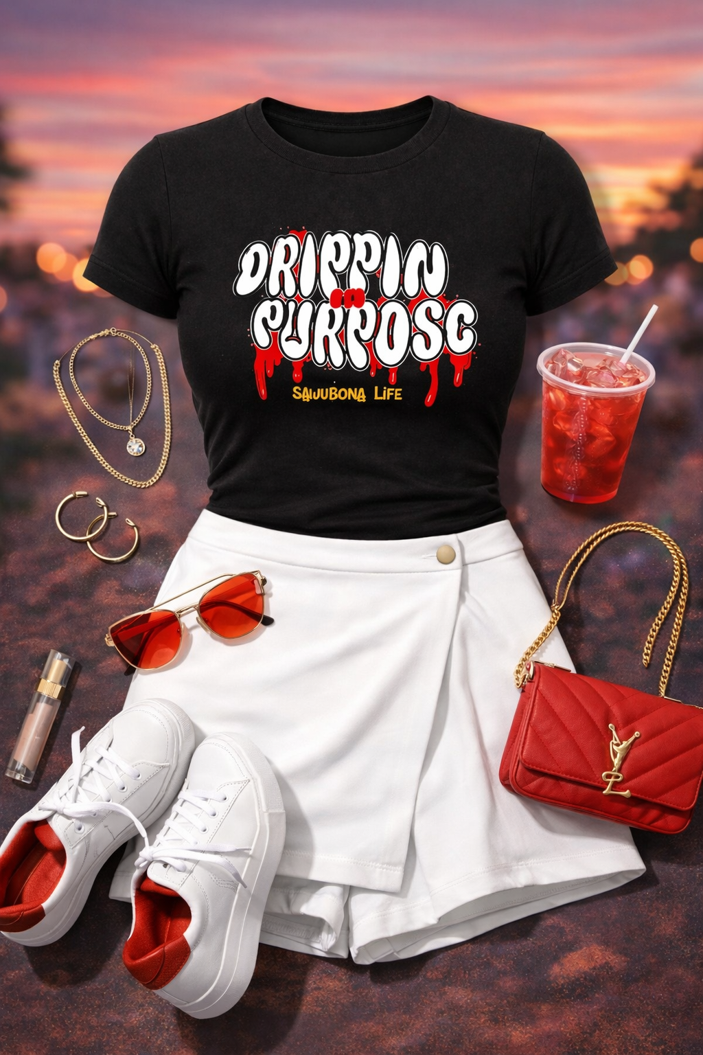 Drippin in Purpose Black Ladies Tee with Red Graphic  - Affirmation apparel by Sawubona Life
