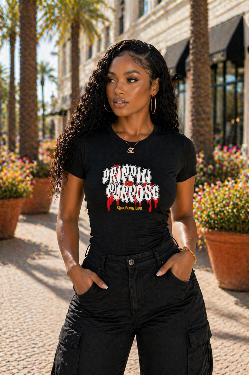 Drippin in Purpose Black Ladies Tee with Red Graphic  - Affirmation apparel by Sawubona Life