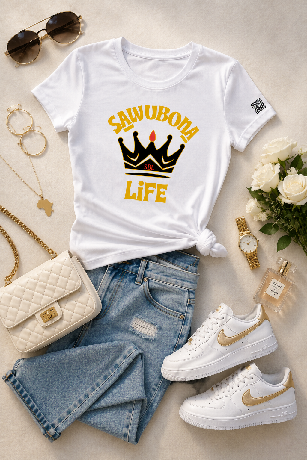 Sawubona Life Crown White Ladies Graphic Tee - Affirmation apparel by Sawubona Life