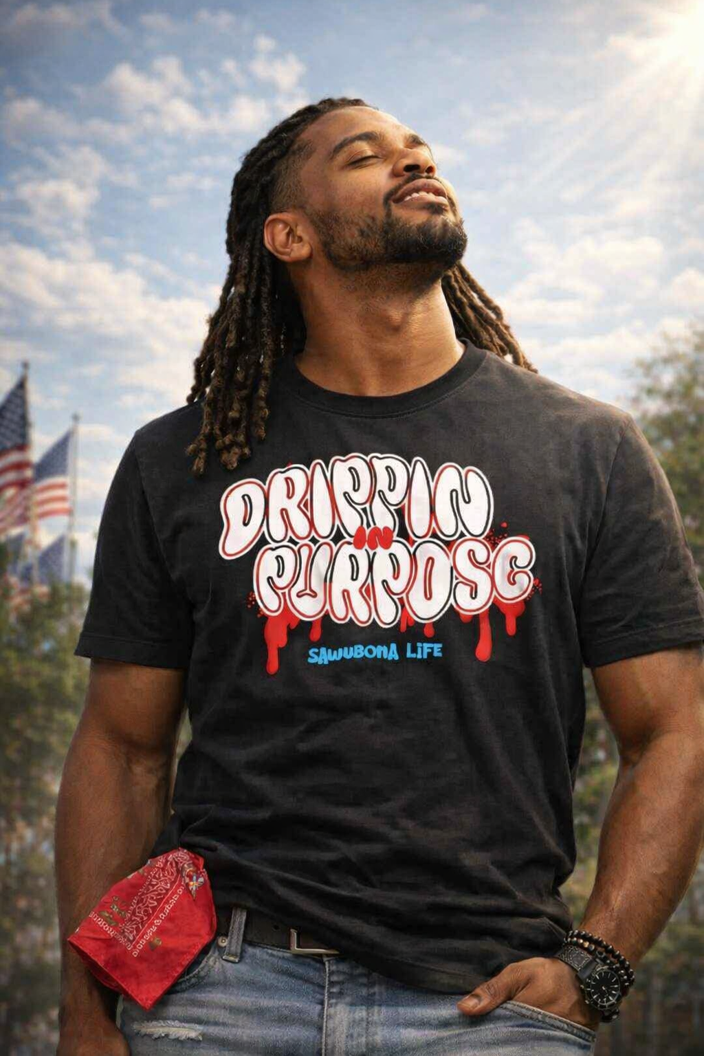 A Man Standing Outside Wearing the Drippin' Graphic Tee - Affirmation Apparel by Sawubona Life