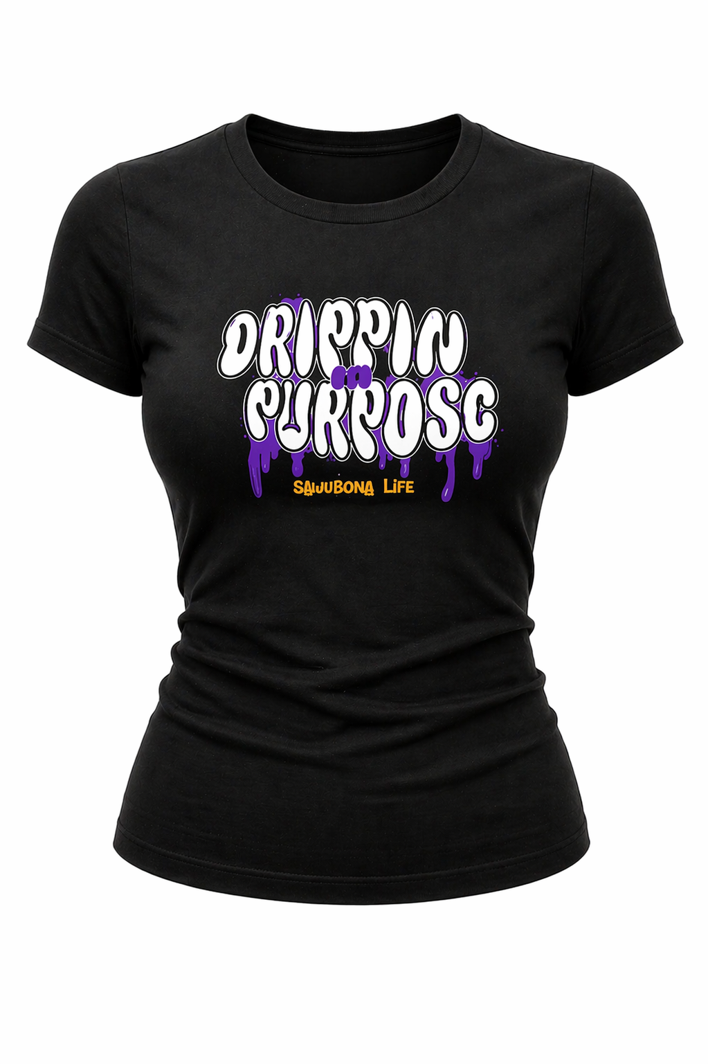 Drippin in Purpose Black Ladies Tee with Purple Graphic  - Affirmation apparel by Sawubona Life