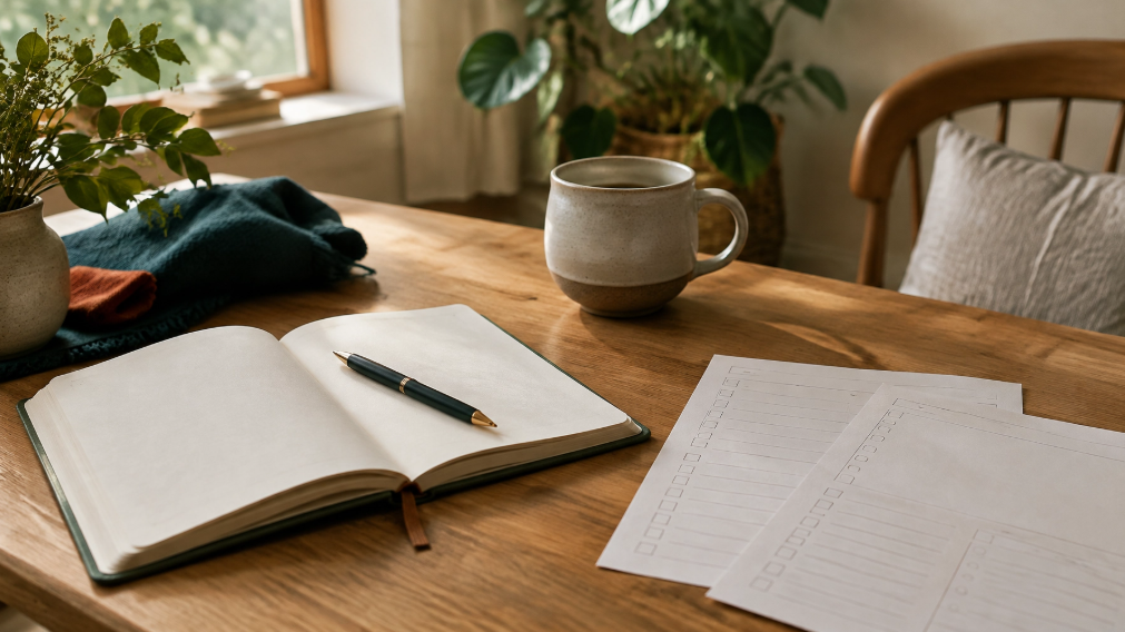 A Peaceful Scene Showcasing a Warm Cup of Tea, a Journal, and Mindfulness Worksheets
