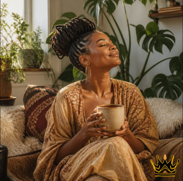 Jasmine Drinking Tea in a Peaceful Space
