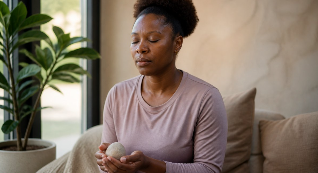A Woman Sitting in a Quiet, Softly Lit Room, Holding a Small Smooth Stone in Their Hands With Eyes Gently Closed, Appearing Calm and Grounded