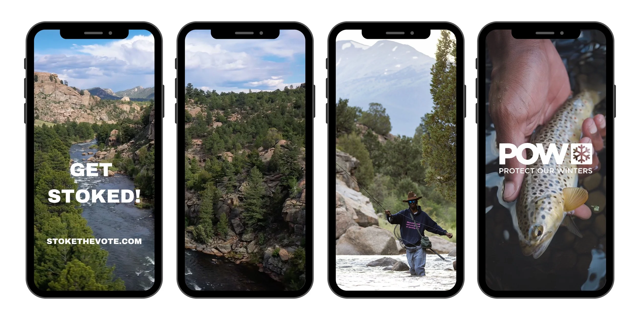 Image carousel showcasing social media assets from Protect Our Winters “Stoke the Vote” campaign, produced by Fieldborn Creative.