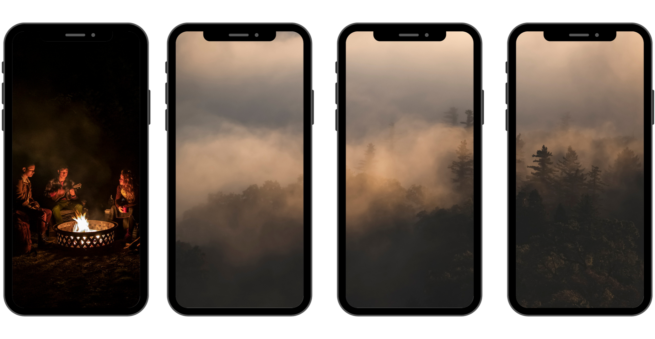 Smartphone carousel of a foggy landscape with people gathered around a fire during an Osprey campaign shoot, photographed by Fieldborn Creative.