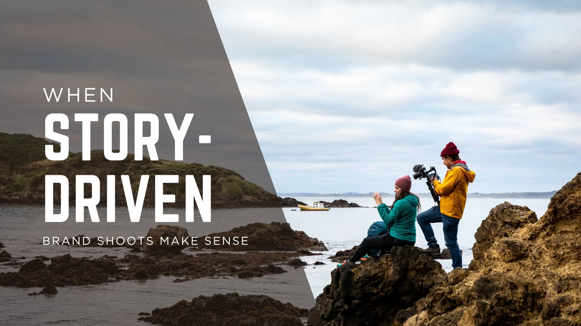 Over-the-shoulder shot of a filmmaker capturing the subject of a story-driven brand shoot on a rocky coastline in Chile shot on location by Fieldborn Creative.