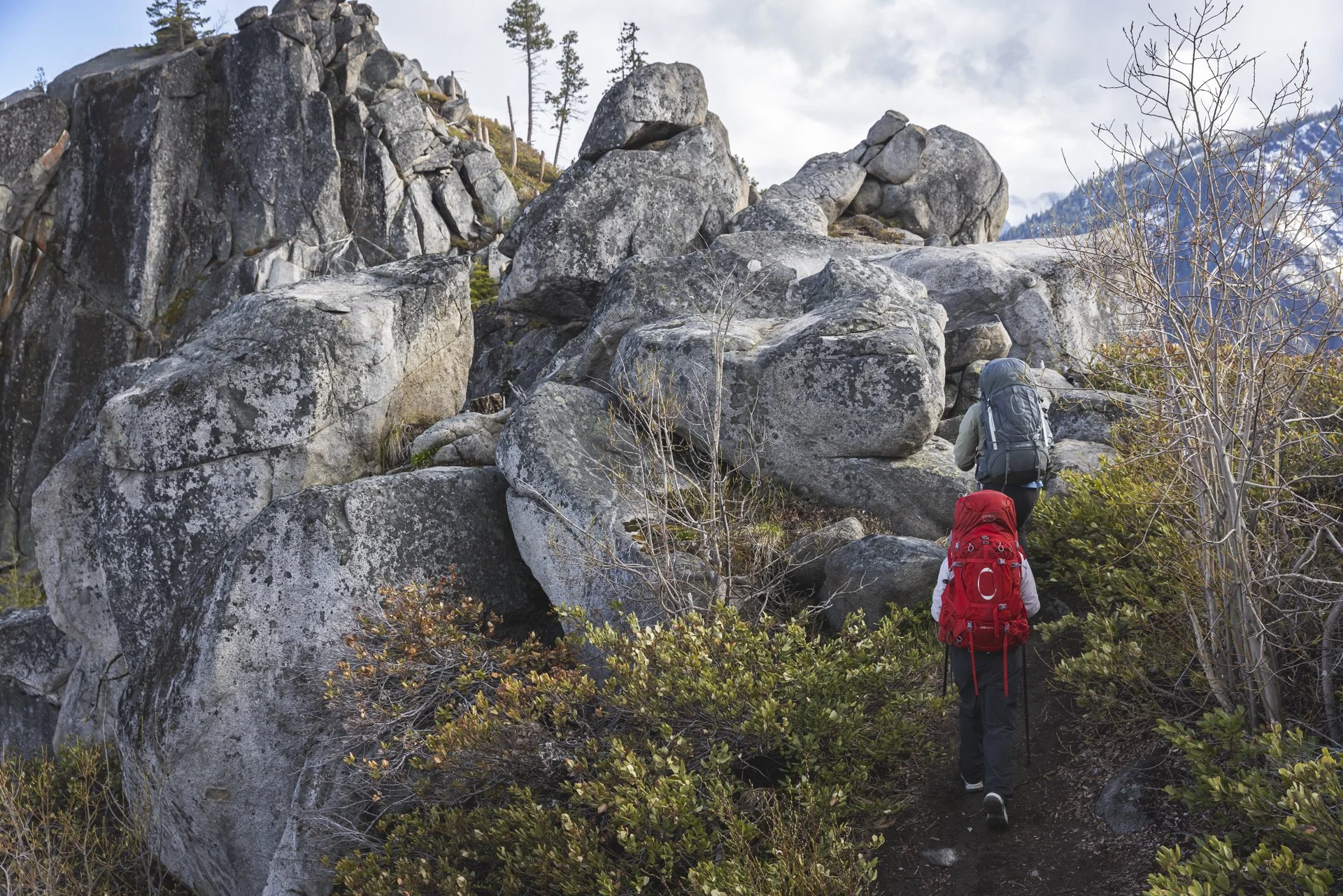 Two hikers with backpacks ascending a rocky mountain trail surrounded by shrubs and large boulders, with trees and mountains in the background.