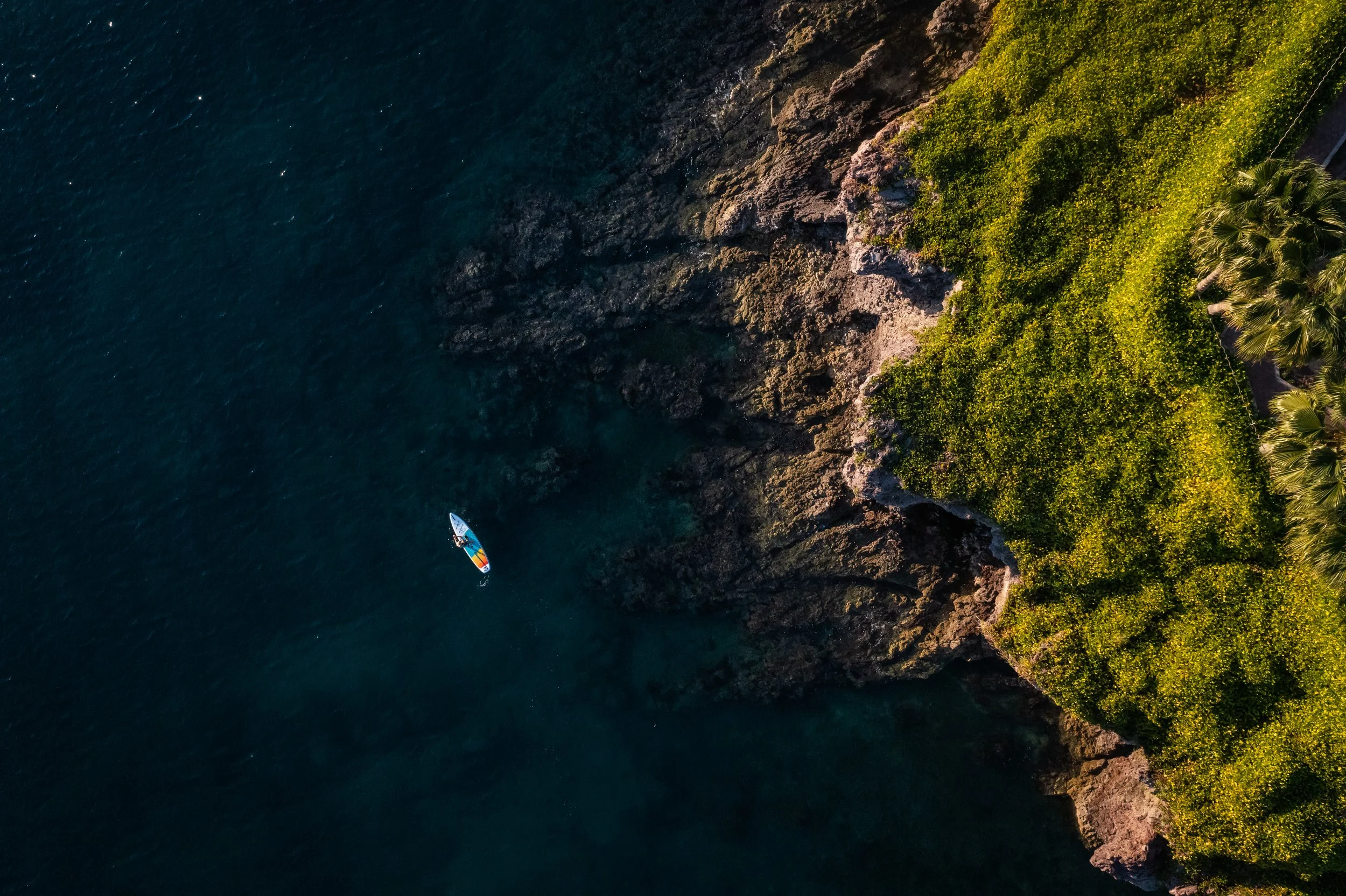 Aerial view of a rocky coastline with lush green vegetation and a paddleboarder on deep blue water. Commercial lifestyle production by Fieldborn Creative.