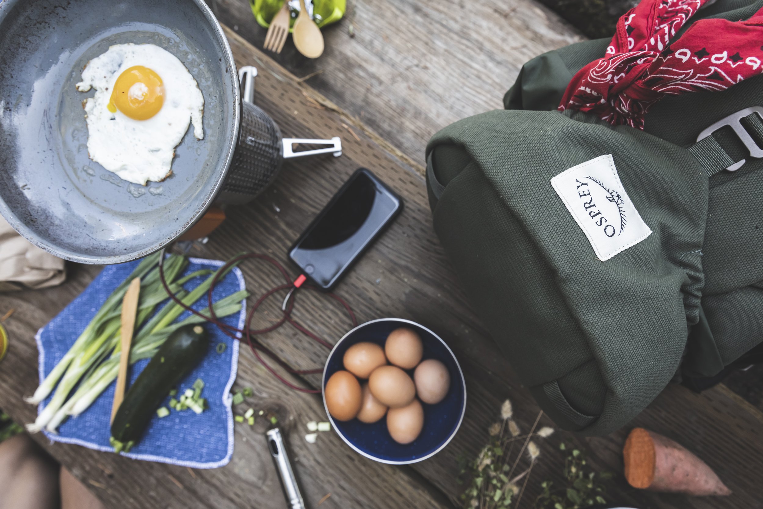 Osprey Archeon pack camping setup with food and gear, shot by Fieldborn Creative in Humboldt Country, CA.
